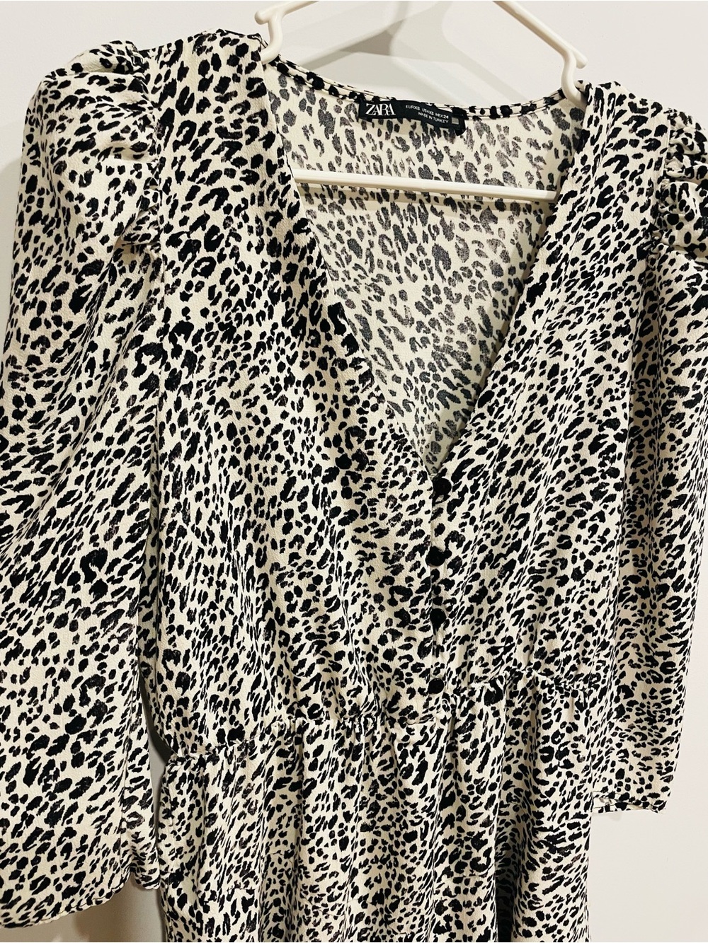 Zara Black & White Animal Print V-Neck Tiered Mini Dress